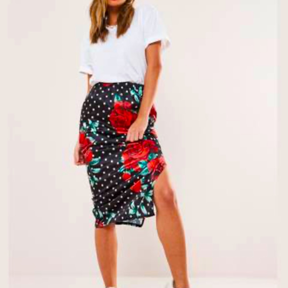 Missguided Black Satin Floral Polka Dot Slip Skirt